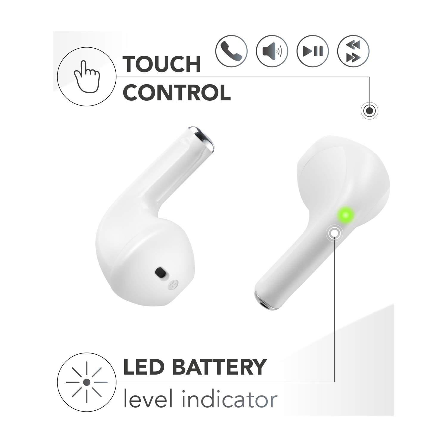Auricolari wireless bianchi con icone di controllo touch. Uno mostra una luce verde. Il testo indica l'indicatore del livello della batteria a LED.