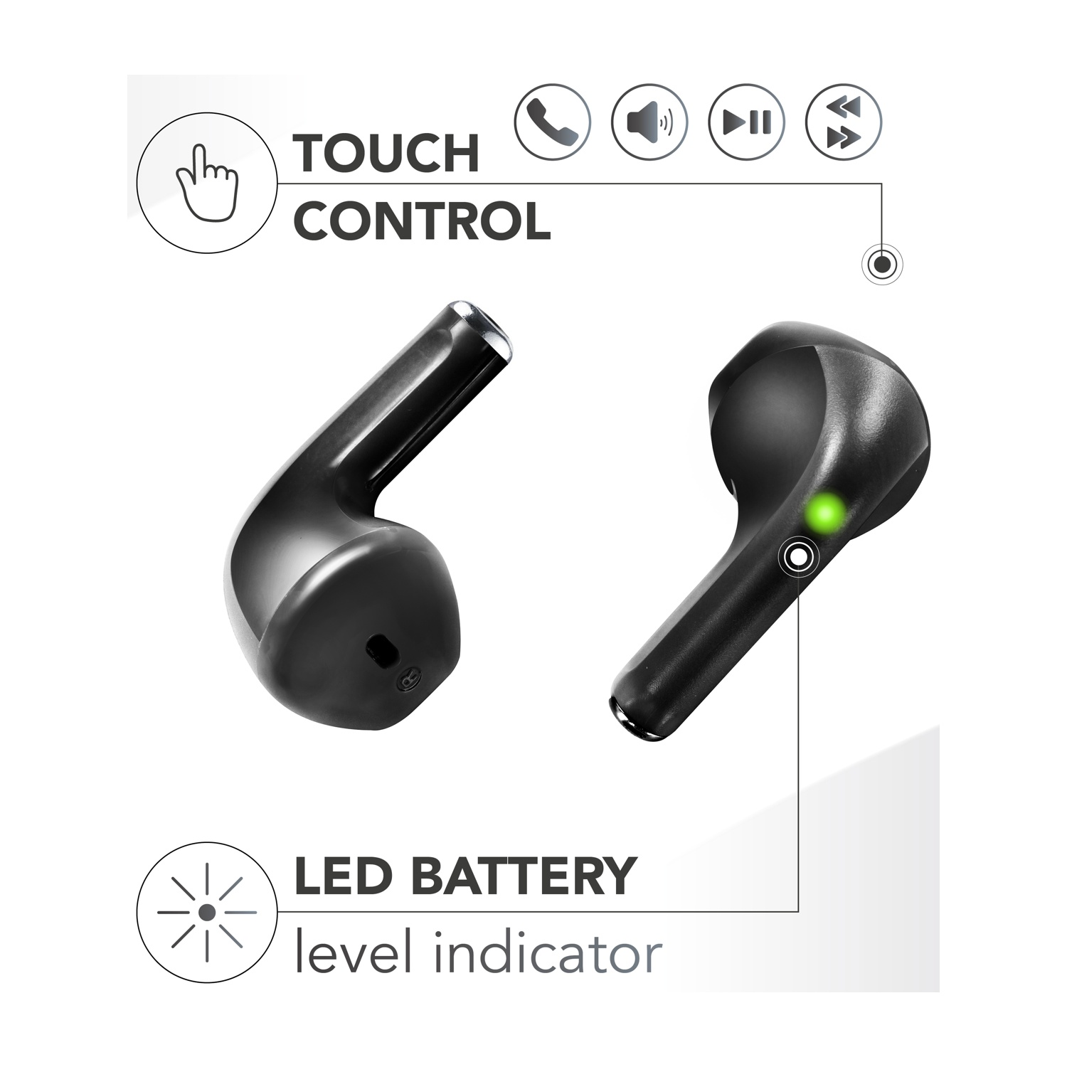 Auricolari wireless neri con icone di controllo touch. Uno mostra un LED verde. Il testo indica l'indicatore del livello della batteria a LED.