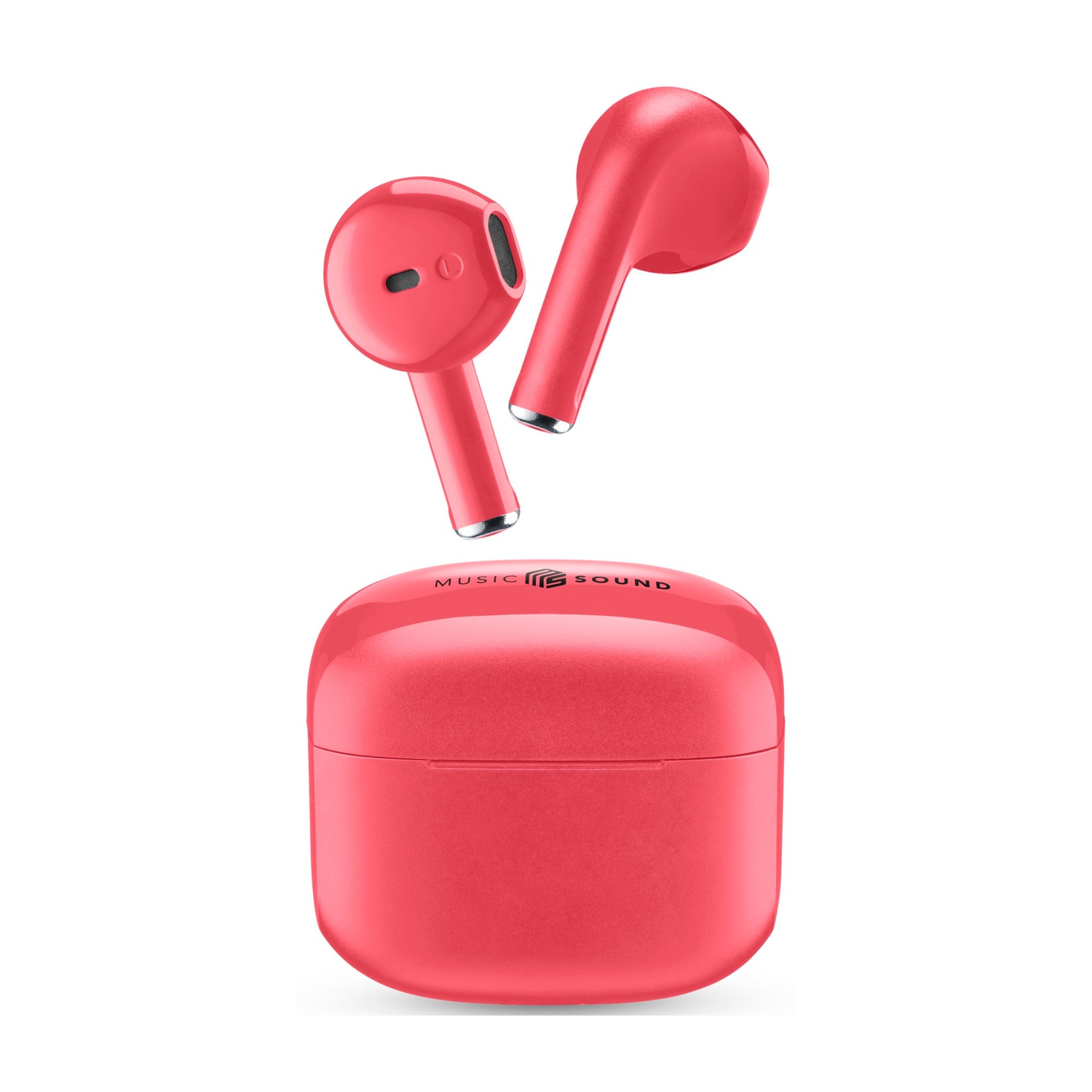 Auricolari wireless rossi e custodia di ricarica. Gli auricolari sono in aria. Sulla custodia c'è 'MUSIC SOUND'.