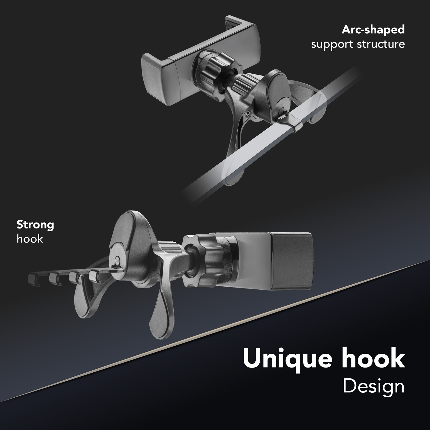 Supporto per telefono da auto nero con supporto ad arco e gancio robusto. Presenta un design a gancio unico. Lo sfondo è grigio scuro.