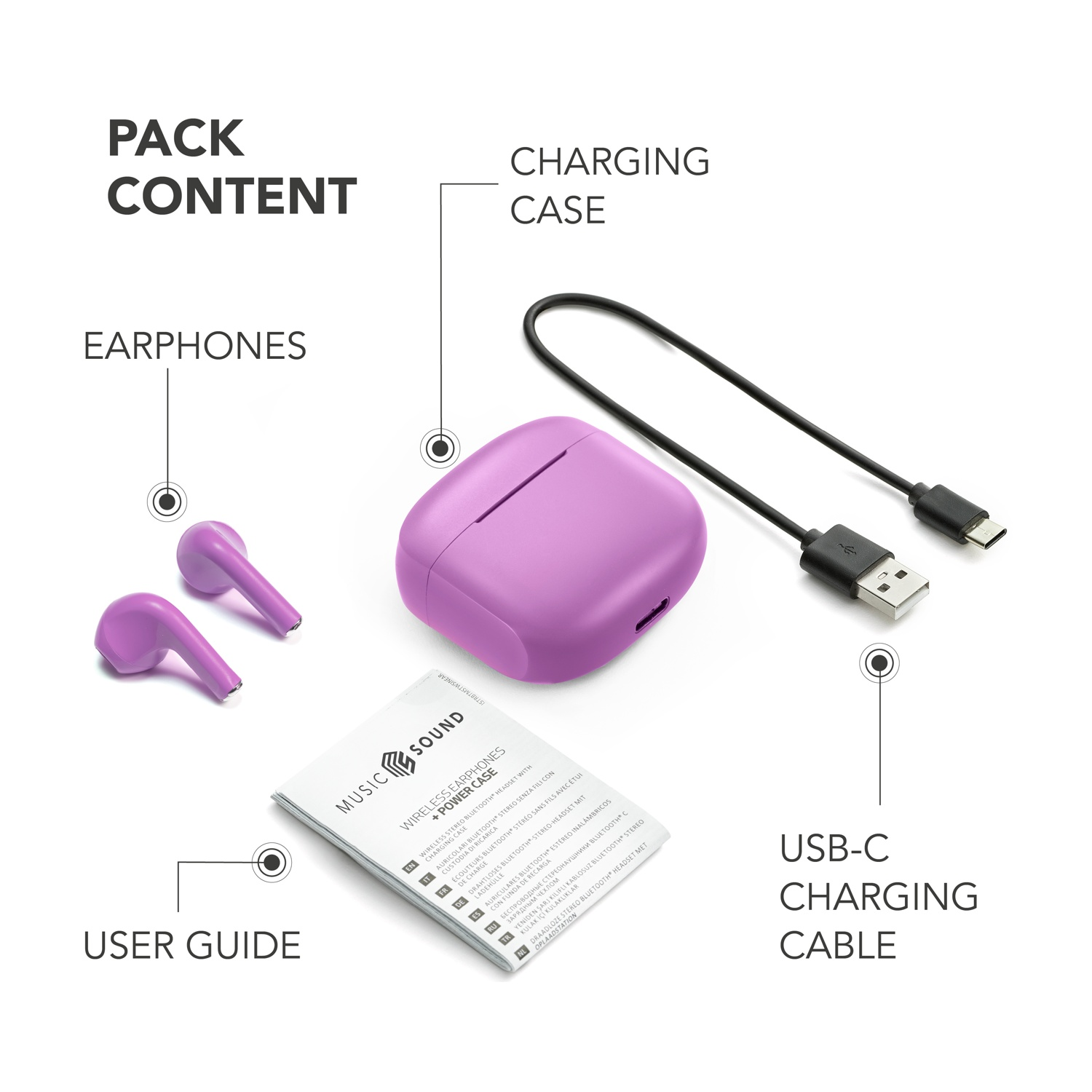 L'immagine mostra auricolari viola, custodia di ricarica, cavo USB-C e guida per l'utente. Sono accessori per auricolari wireless.