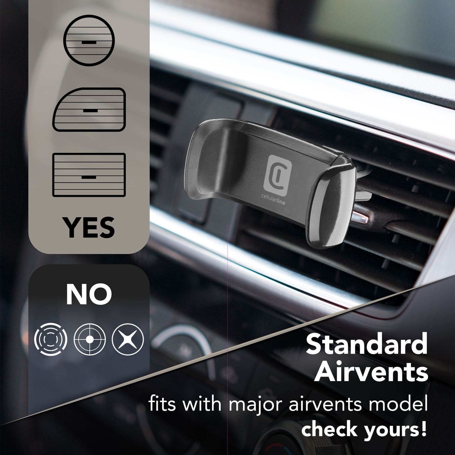 Un supporto per bocchette dell'auto con il testo "Standard Airvents fits with major airvents model check yours!" e diagrammi di compatibilità.