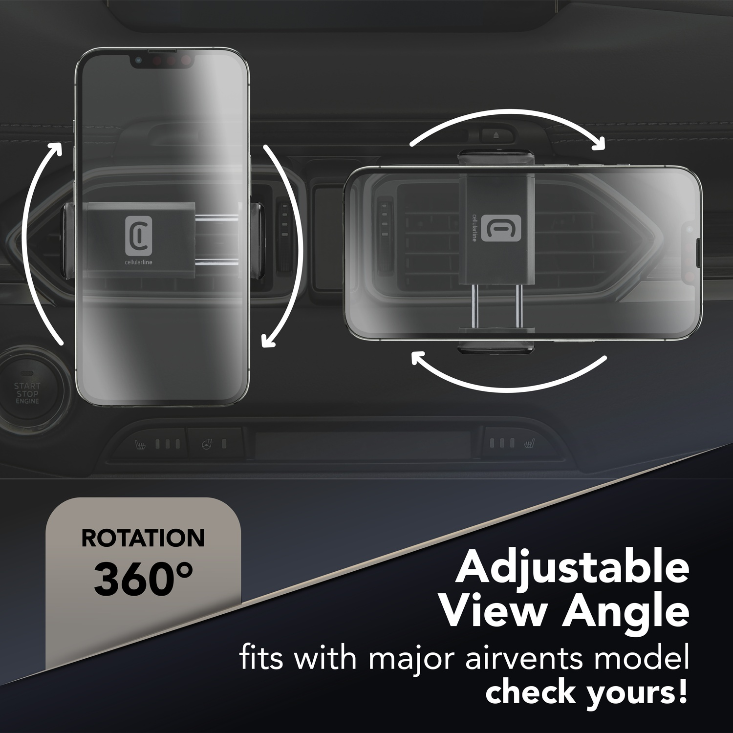 L'immagine mostra un supporto per telefono in auto. Offre rotazione 360° e angolo di visione regolabile. Il testo menziona la compatibilità.