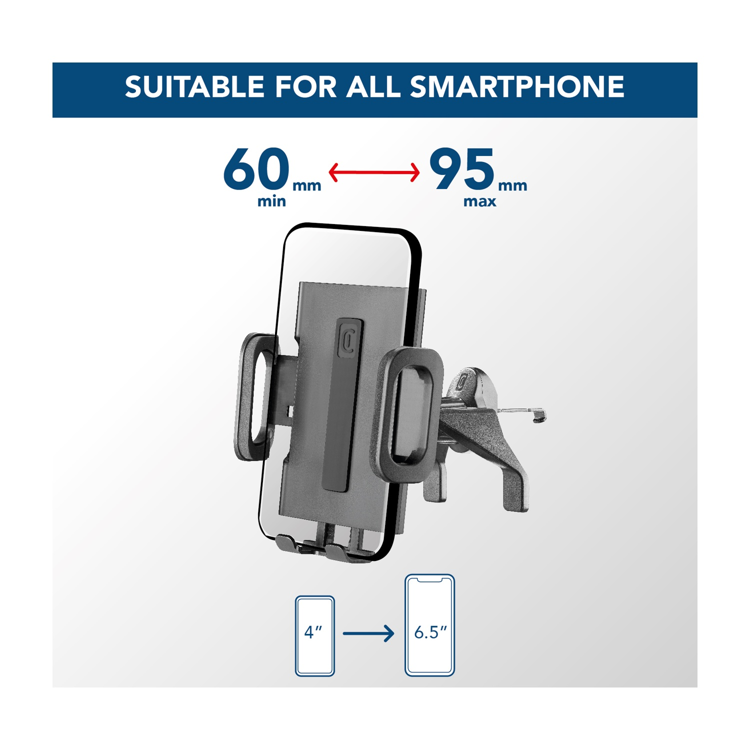 Un supporto nero per smartphone con testo "Adatto a tutti gli smartphone". Mostra dimensioni e compatibilità.