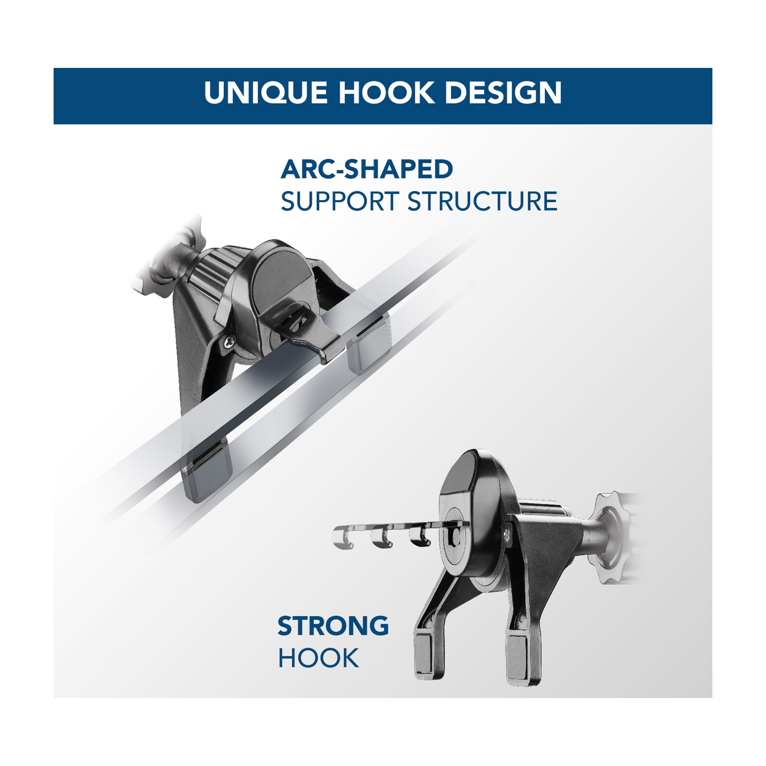 L'immagine mostra due design di ganci neri con l'etichetta 'Unique Hook Design'. Uno ha un supporto ad arco, l'altro un gancio forte.
