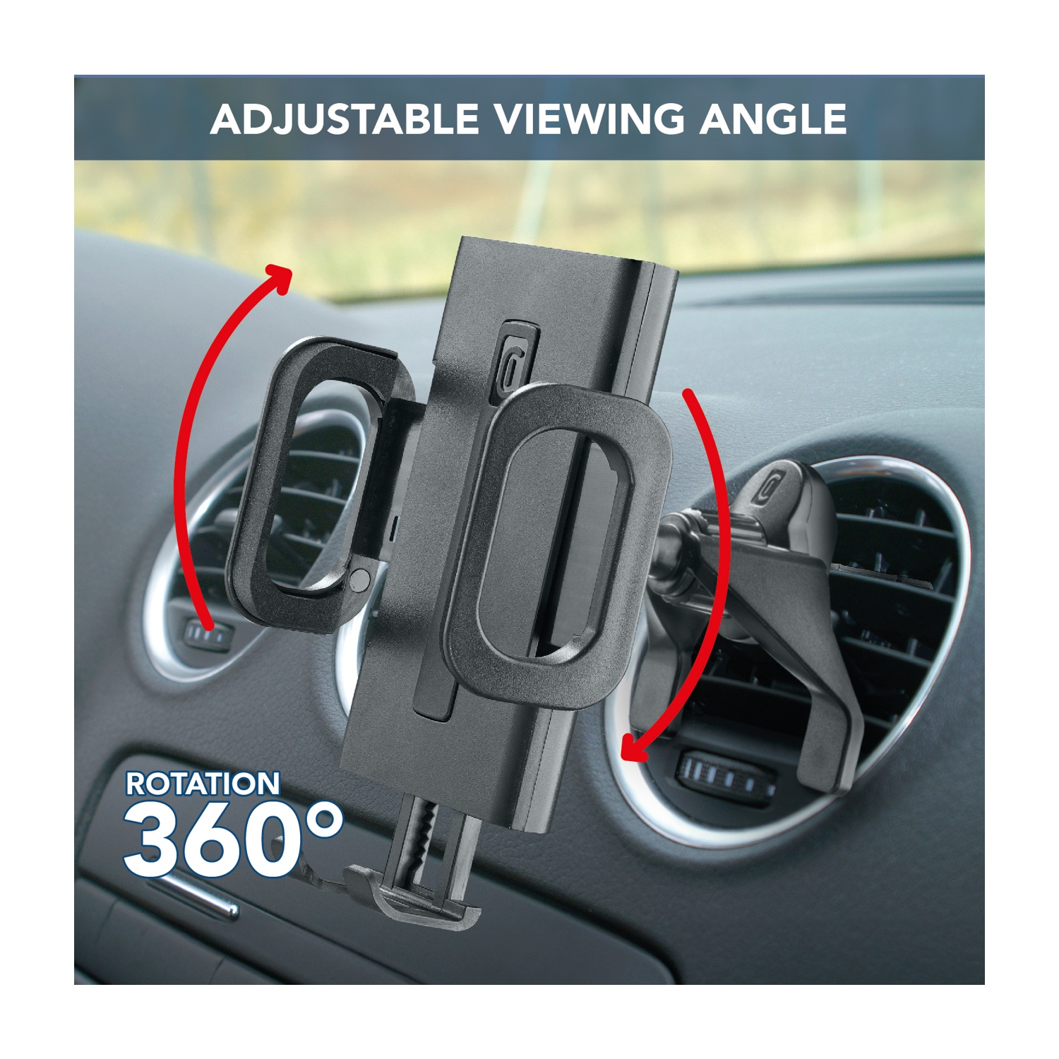 Supporto nero per telefono da auto montato sulla bocchetta del cruscotto. Angolo di visuale regolabile e rotazione a 360 gradi.