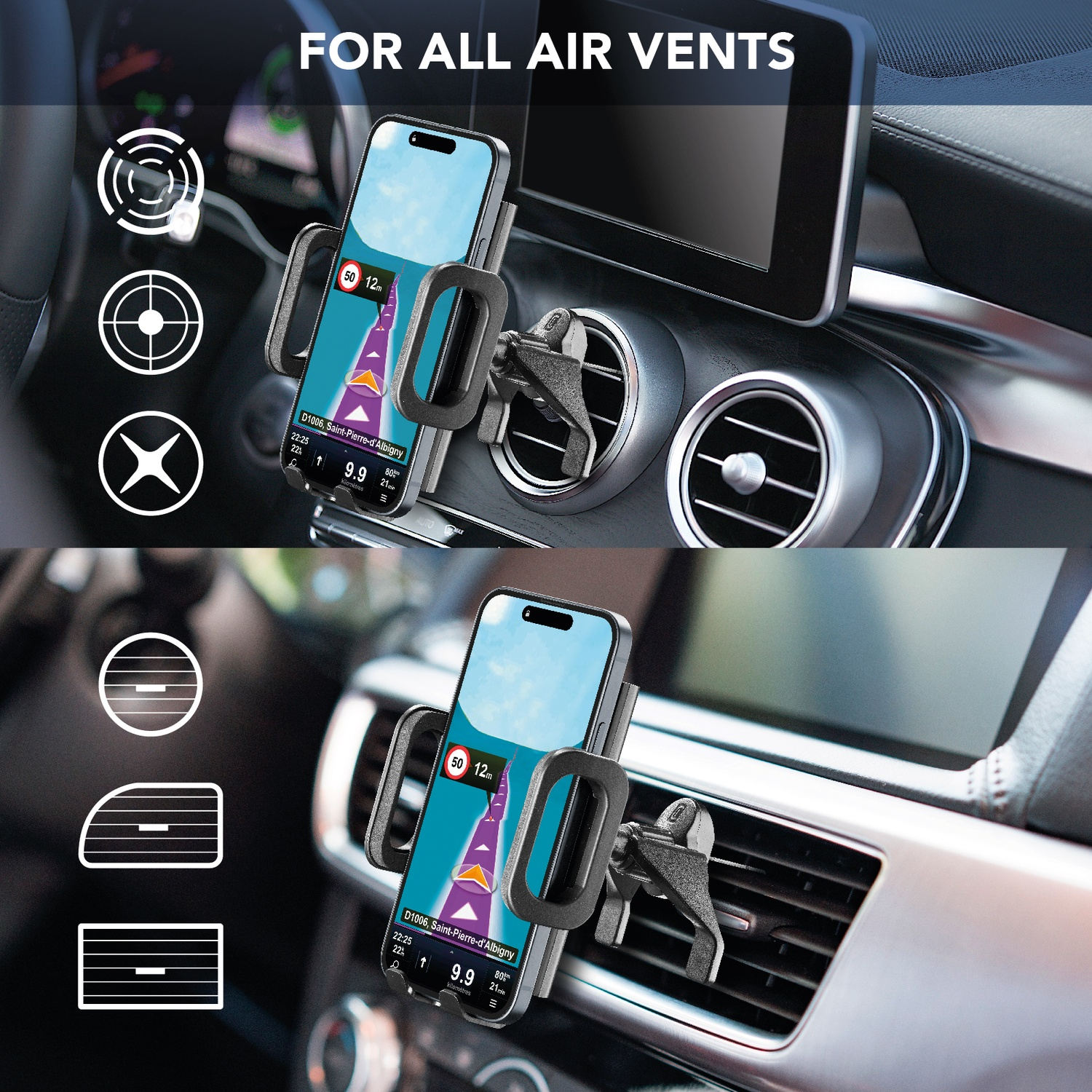 Un telefono in un supporto per bocchetta dell'auto mostra un'app di navigazione. L'interno dell'auto comprende bocchette dell'aria e un cruscotto con schermo.