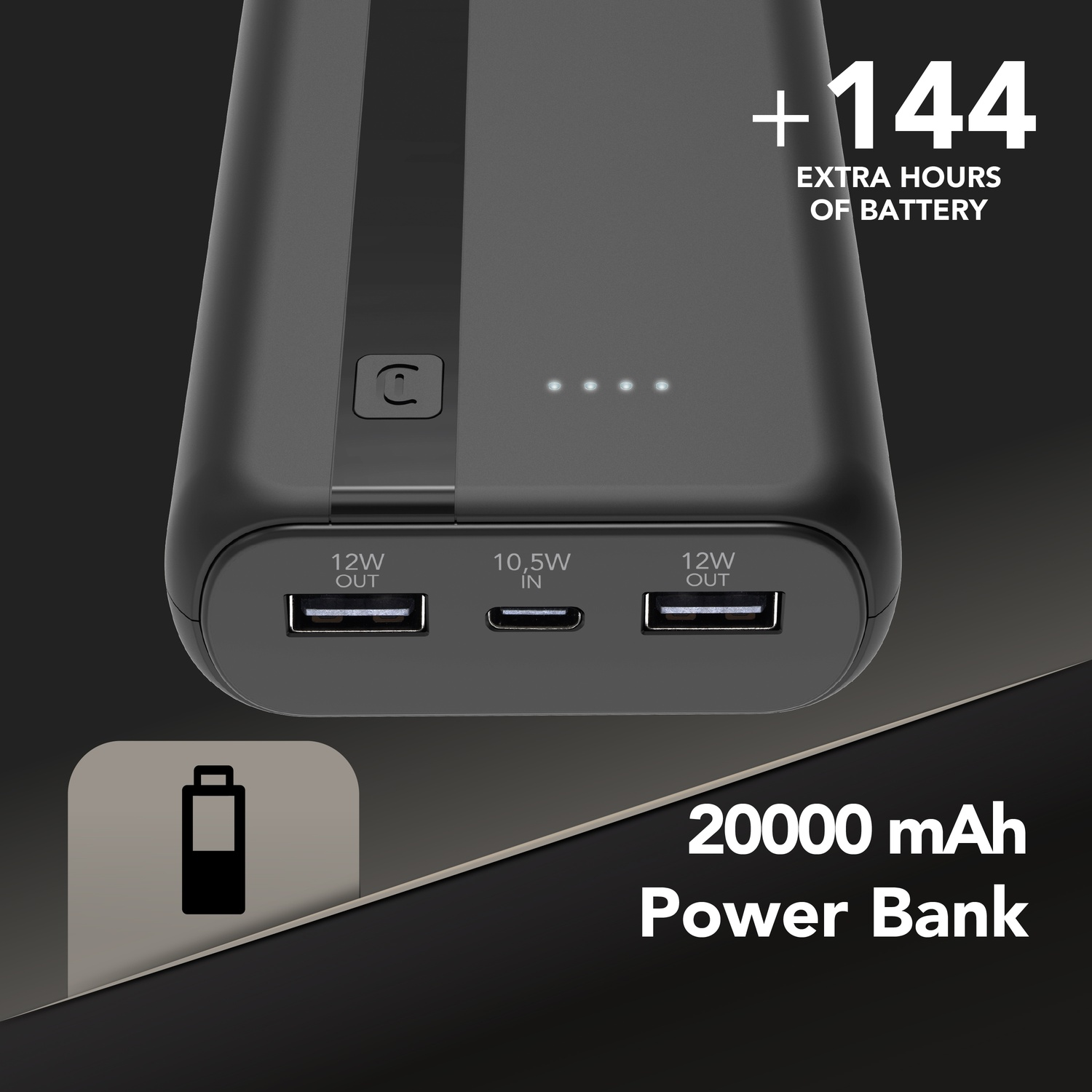 Power bank nero con porte USB, indicatori LED e testo che indica una capacità di 20000 mAh e +144 ore di autonomia extra.