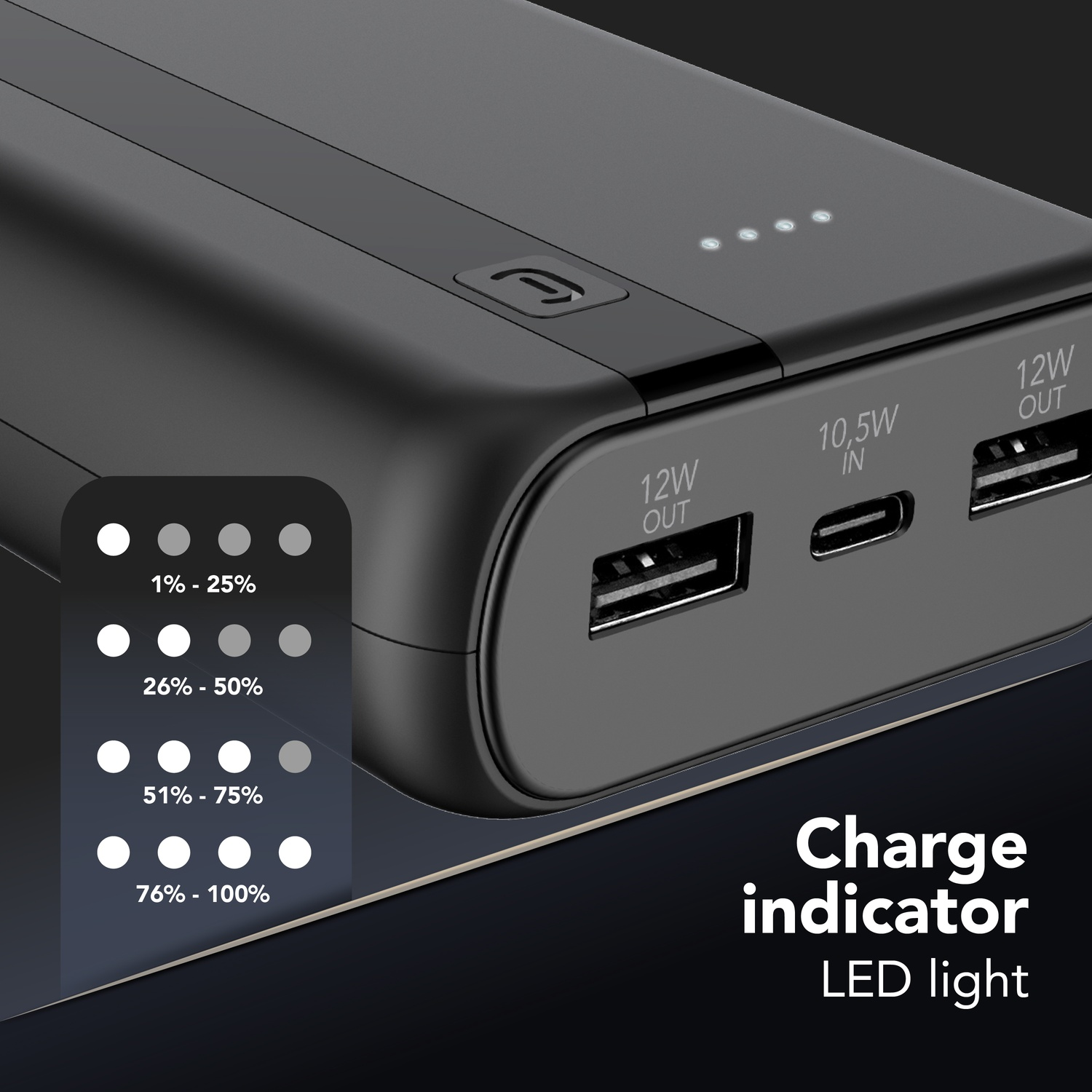 Power bank nera con porte USB e indicatore di carica LED. Mostra il livello della batteria con punti luminosi.