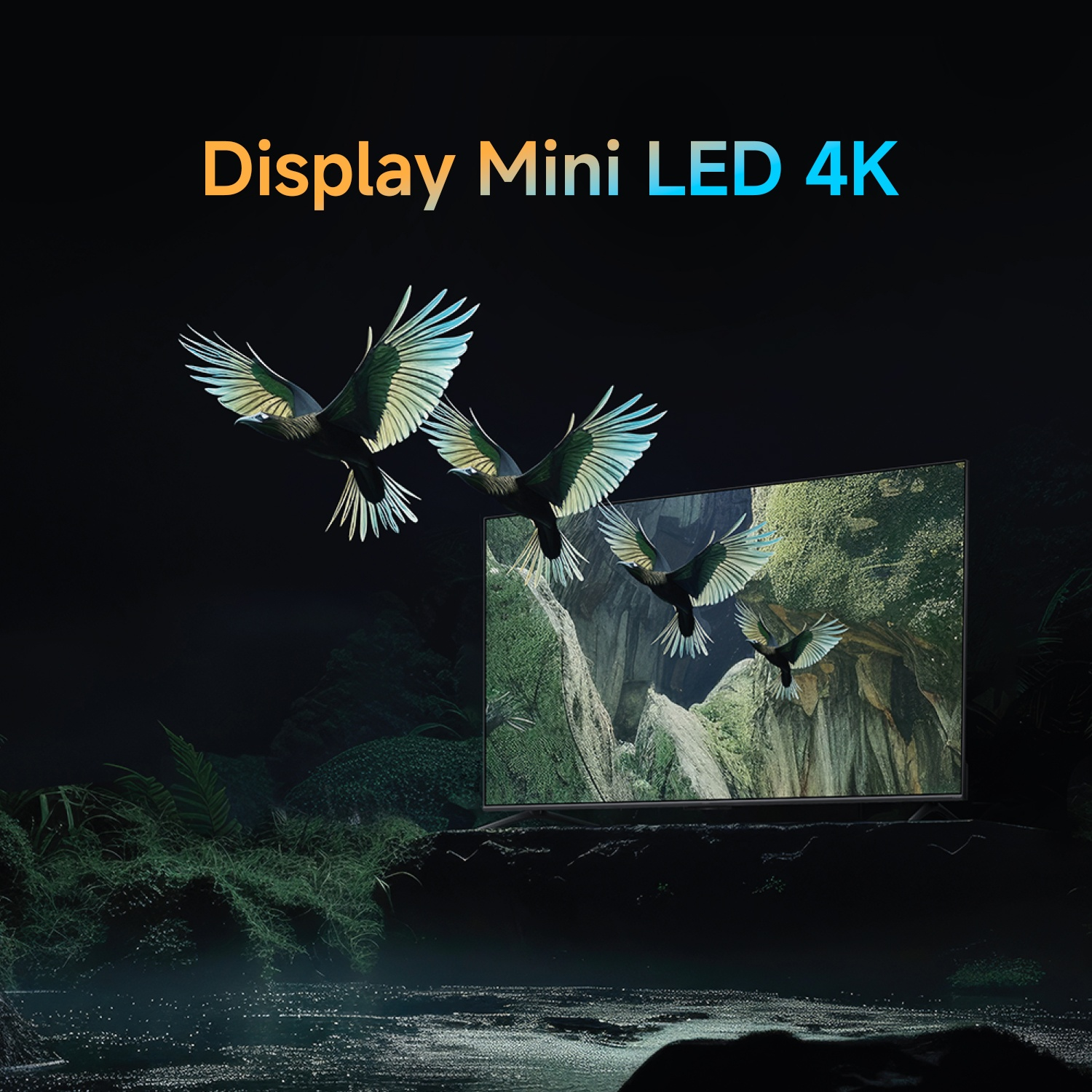 Un televisore mostra uccelli. Tre uccelli volano davanti allo schermo. Il testo dice 'Display Mini LED 4K'.