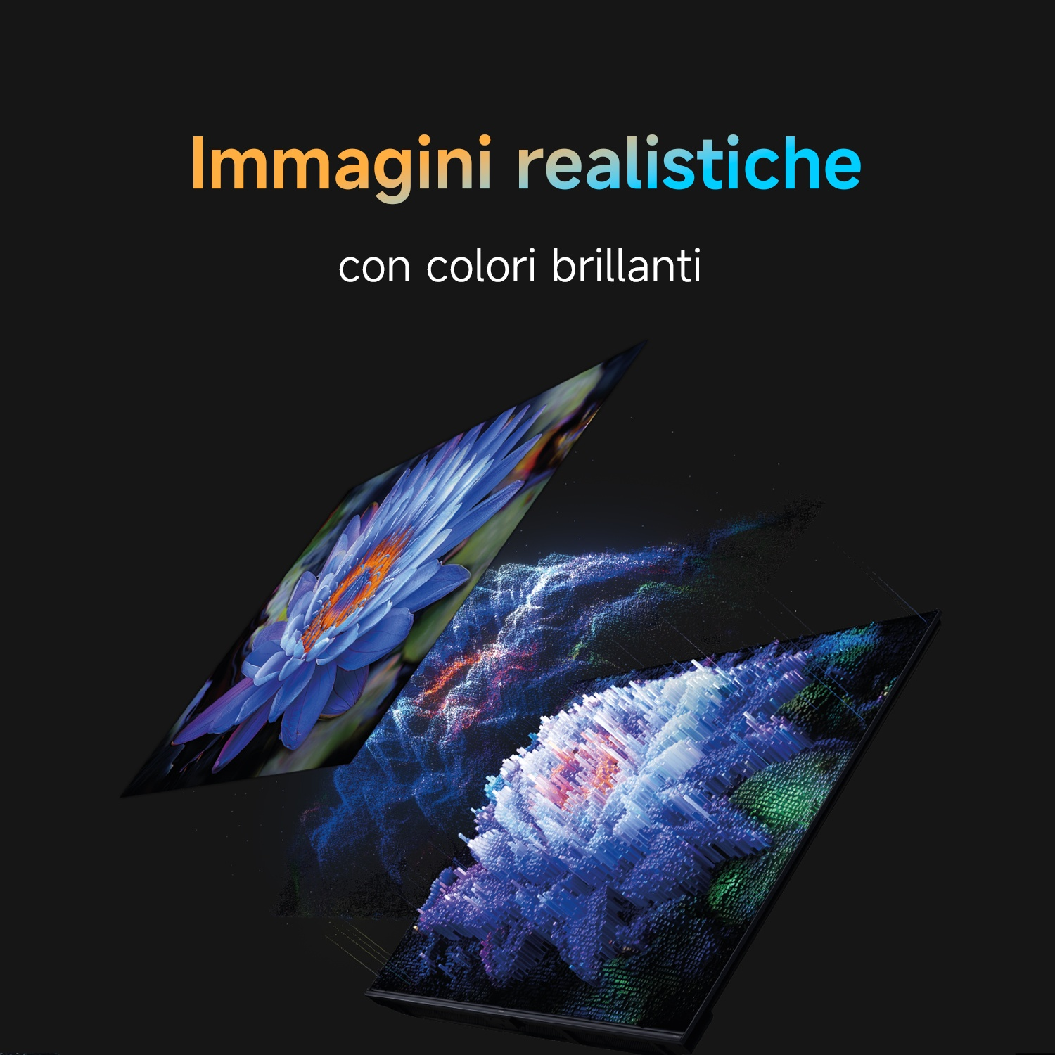 L'immagine presenta due esposizioni floreali su sfondo nero, con il testo 'Immagini realistiche' e 'con colori brillanti'.