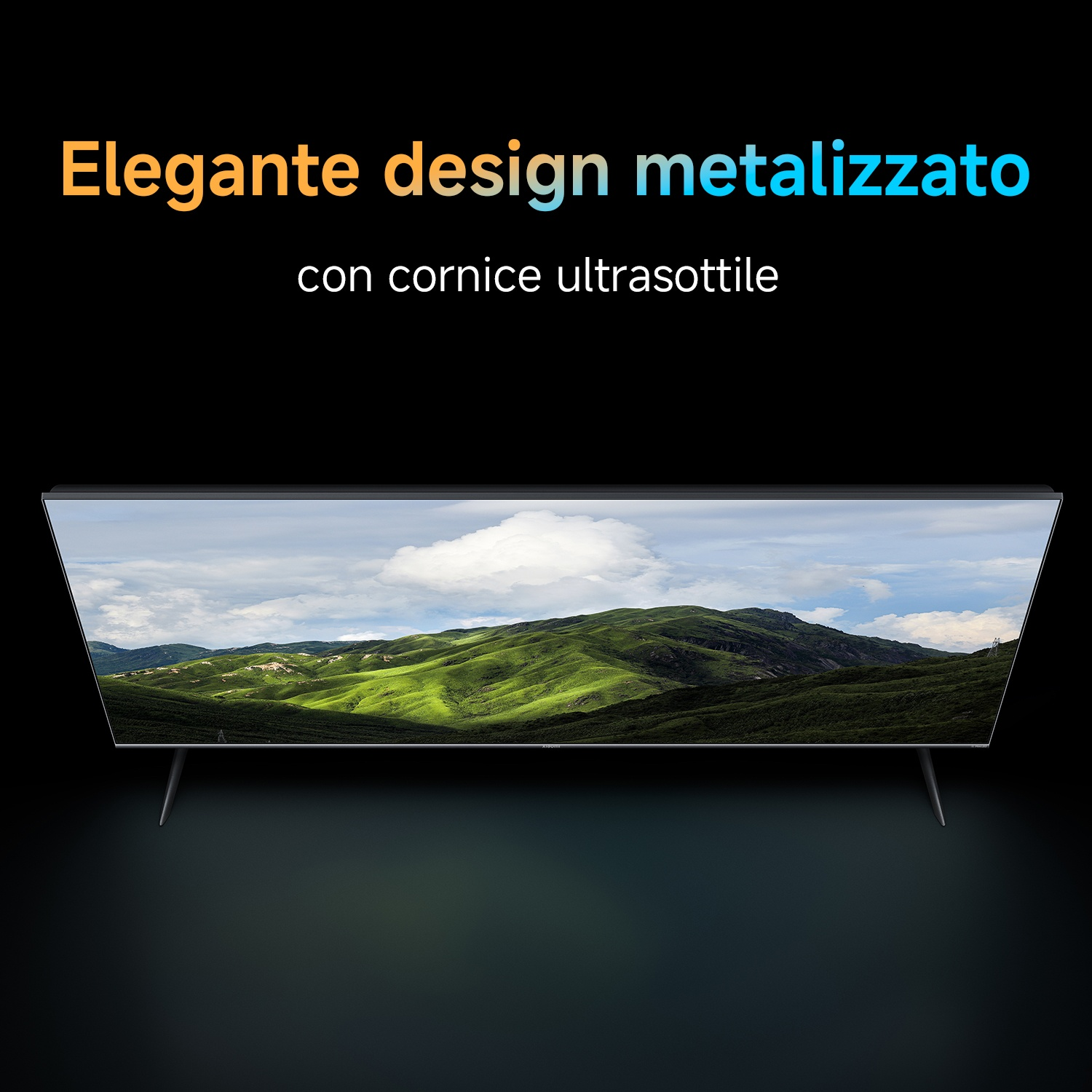Una TV con una scena paesaggistica. Il testo sopra dice: 'Design metallico elegante con cornice ultrasottile'.