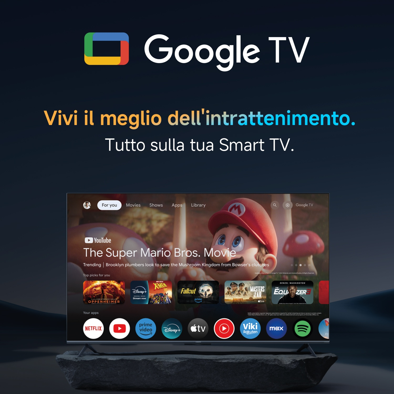 Interfaccia Google TV su uno schermo TV. Include The Super Mario Bros. Movie, varie app e il logo Google TV.