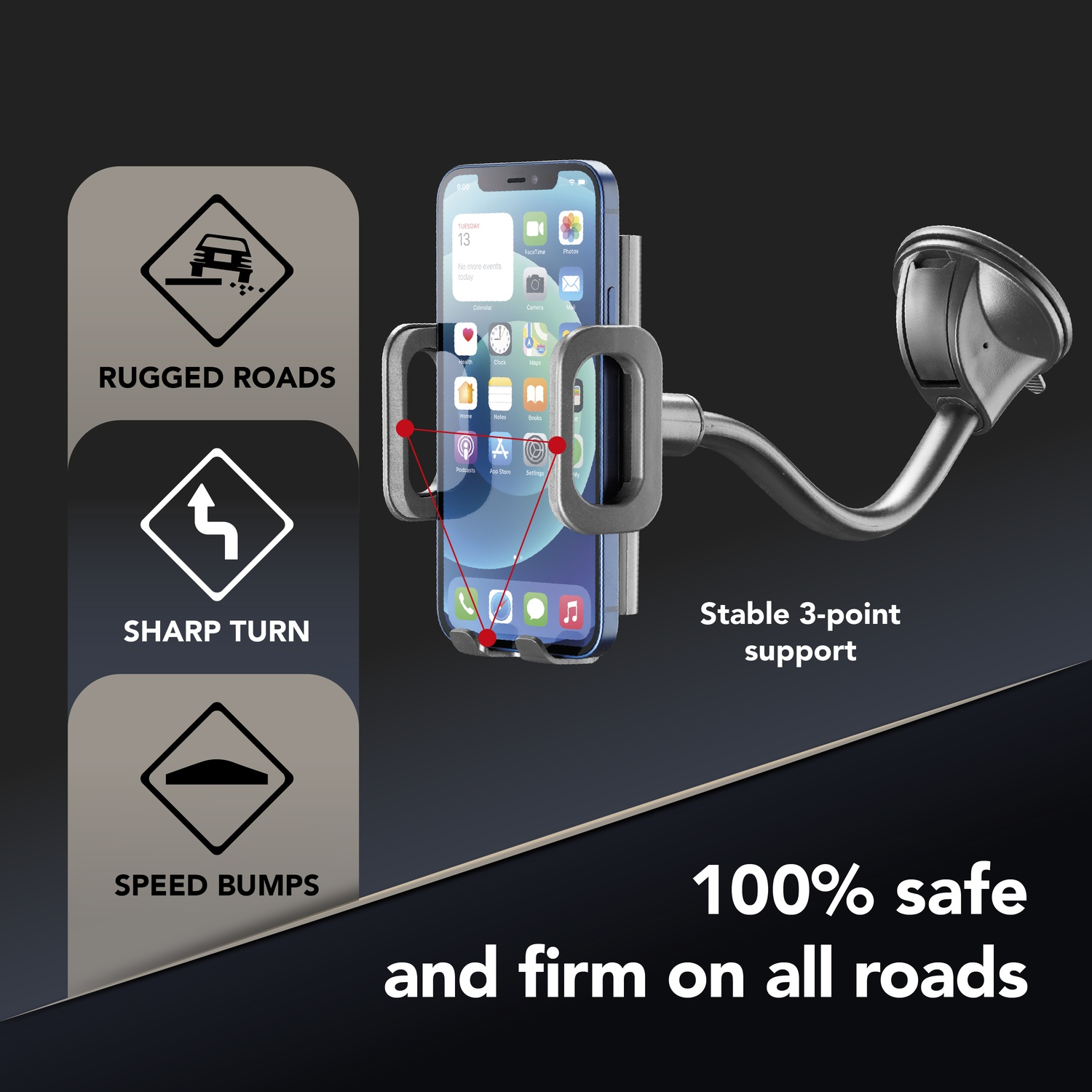 Un telefono in un supporto per auto con segnali stradali e testo: strade dissestate, curve strette, dossi. Il testo dice sicuro su tutte le strade.
