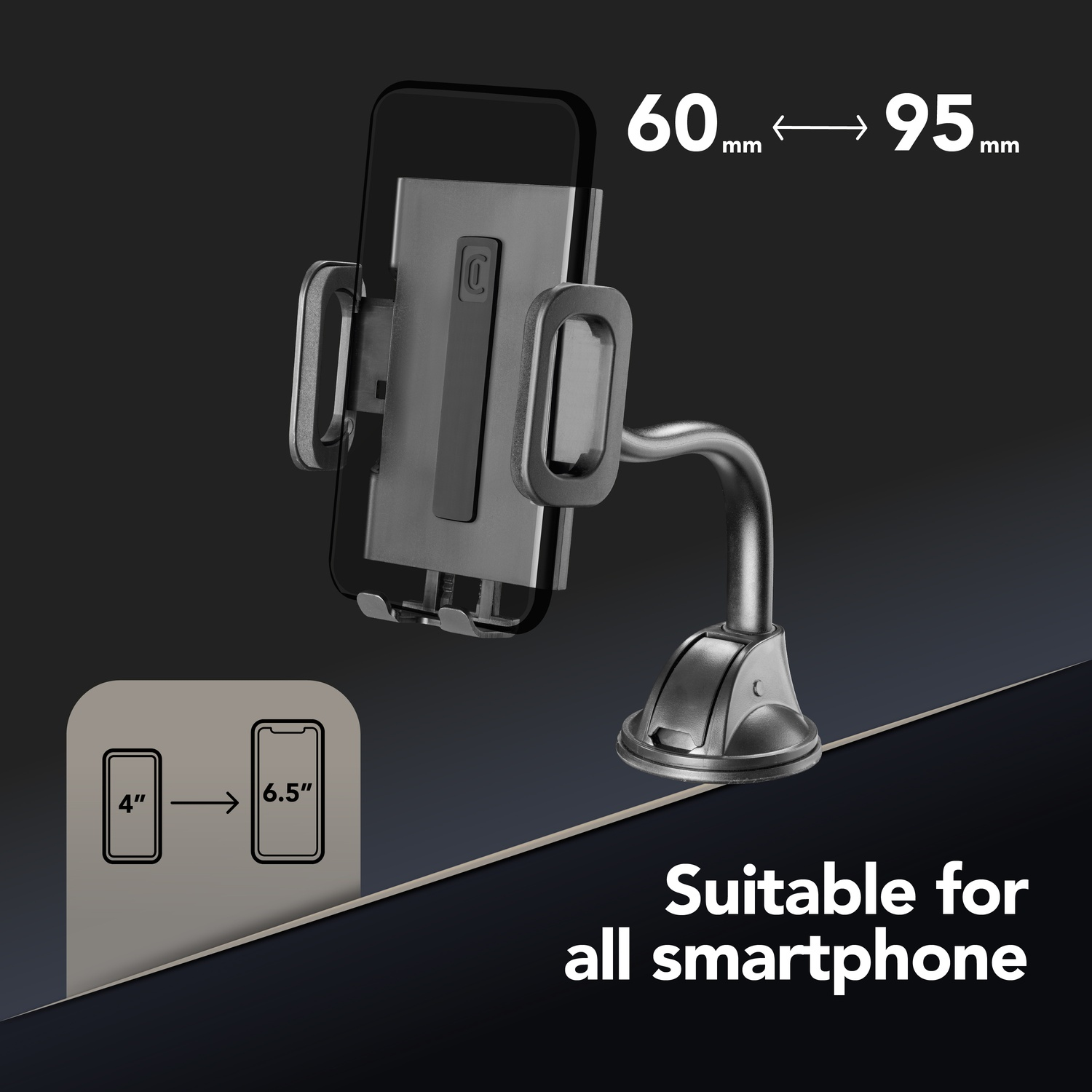 Un supporto per telefono da auto con un telefono. I testi mostrano da 60 mm a 95 mm e da 4" a 6,5". Il testo dice: Adatto a tutti gli smartphone.