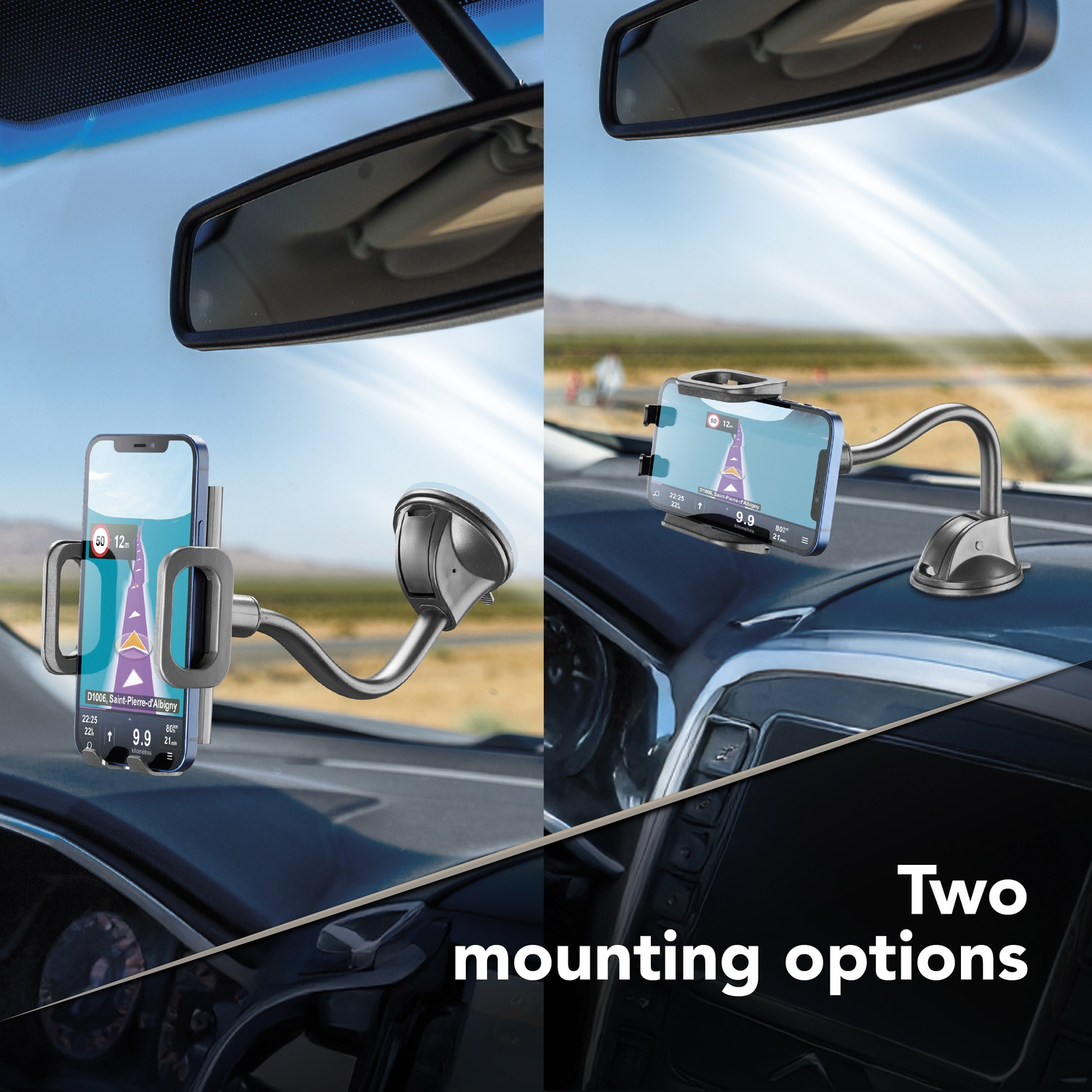 L'immagine mostra due supporti per telefono in un'auto. Uno si aggancia al parabrezza, l'altro al cruscotto. Entrambi mostrano la navigazione.
