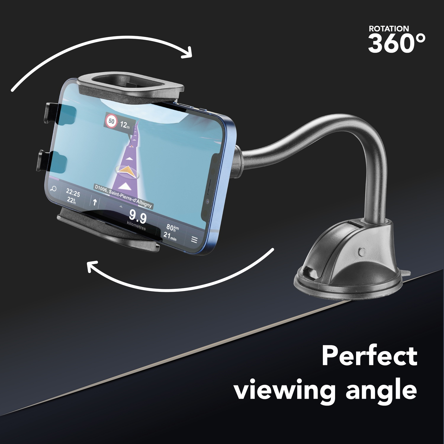 Un telefono in un supporto per auto mostra un'app di navigazione. Il supporto è nero e metallico, con una base a ventosa. Il testo dice 'Angolo di visuale perfetto'.