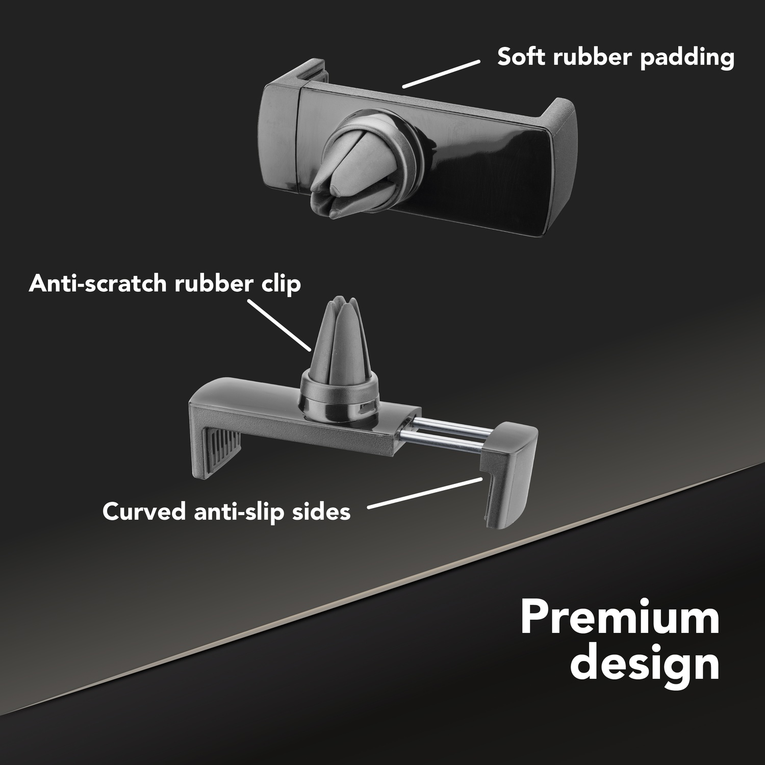 Supporto per telefono auto nero con clip antigraffio, lati curvi e imbottitura morbida. Testo: Design Premium.