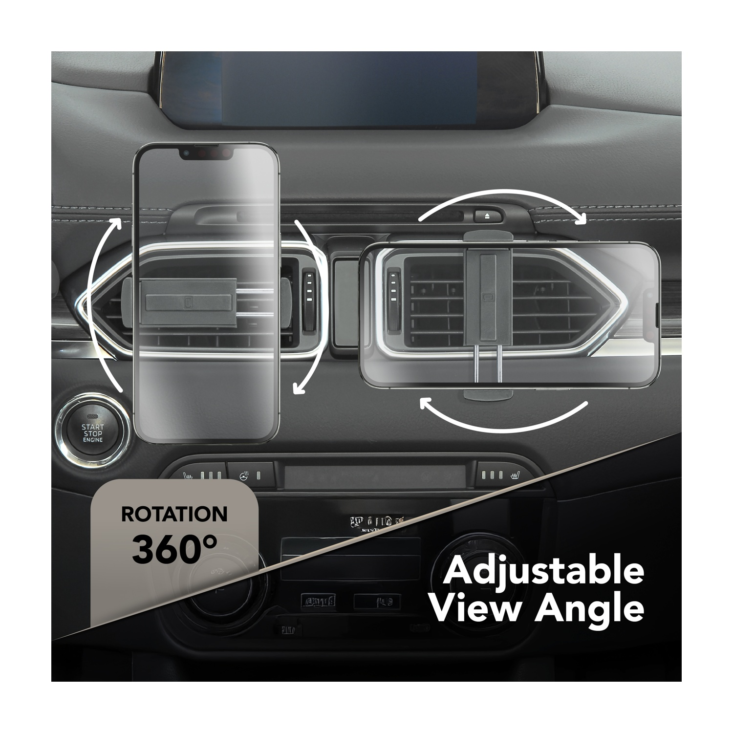 Supporto per telefono per auto con rotazione a 360° e angolo di visione regolabile, montato sul cruscotto.
