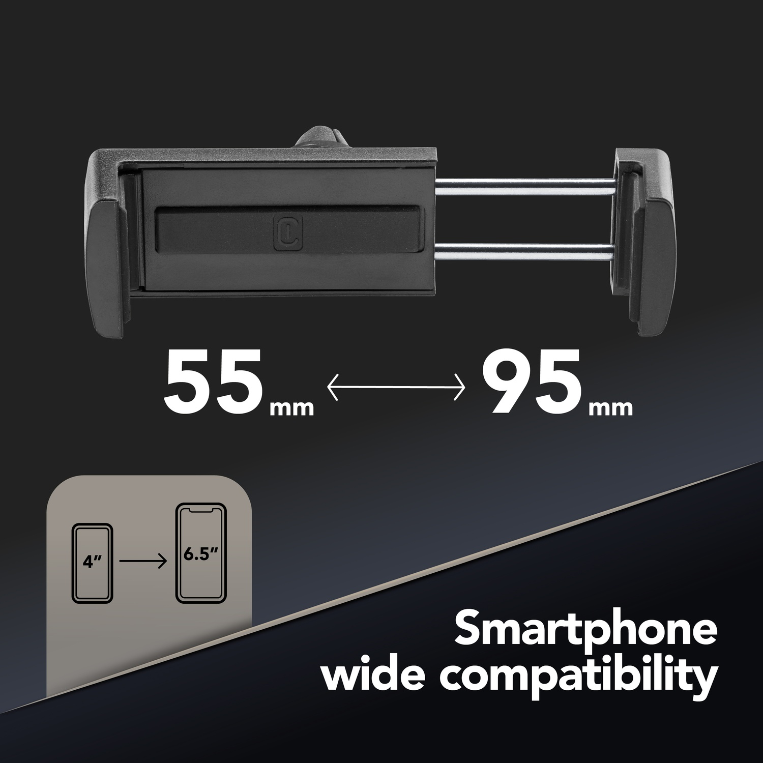 Supporto nero per telefono con misure da 55mm a 95mm. Supporta smartphone da 4" a 6.5". Testo: "Ampia compatibilità smartphone".