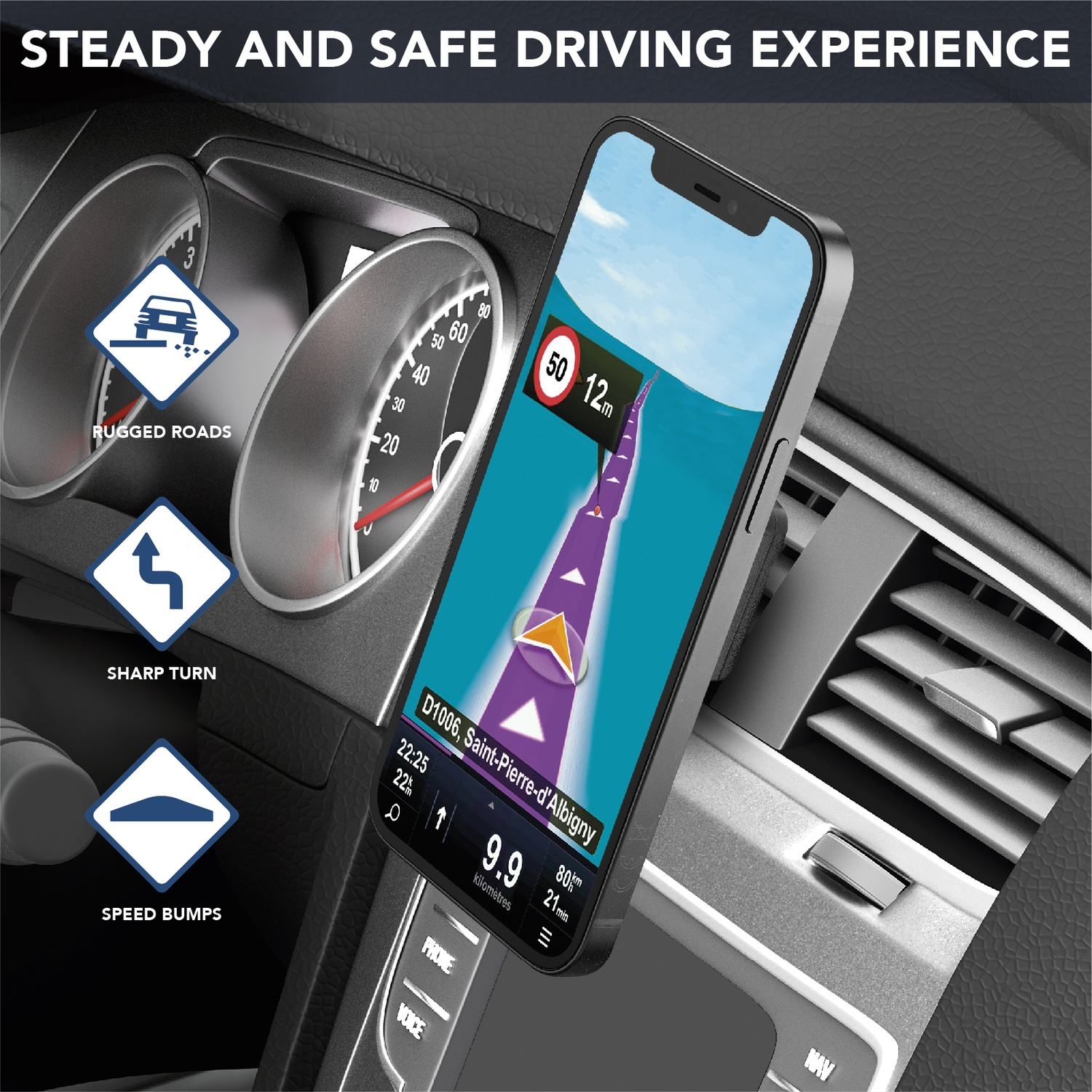 Un telefono in auto mostra un'app di navigazione. Velocità 50, distanza 12m. Il cruscotto mostra velocità e segnali stradali.