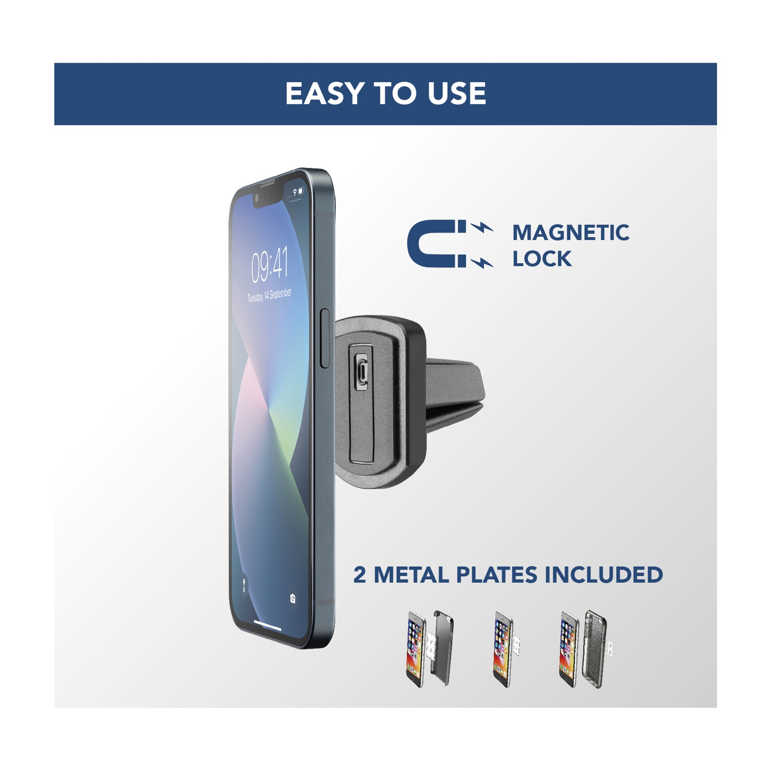 Un iPhone con supporto per auto. Il testo recita 'Magnetic Lock' e '2 Metal Plates Included'. Il display mostra l'ora e la data.