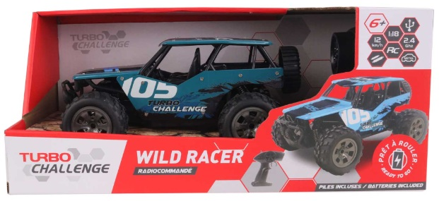 Zdalnie sterowany samochodzik w pudełku. Jest turkusowy, czarny i biały. Pudełko zawiera tekst i zdjęcie samochodu.