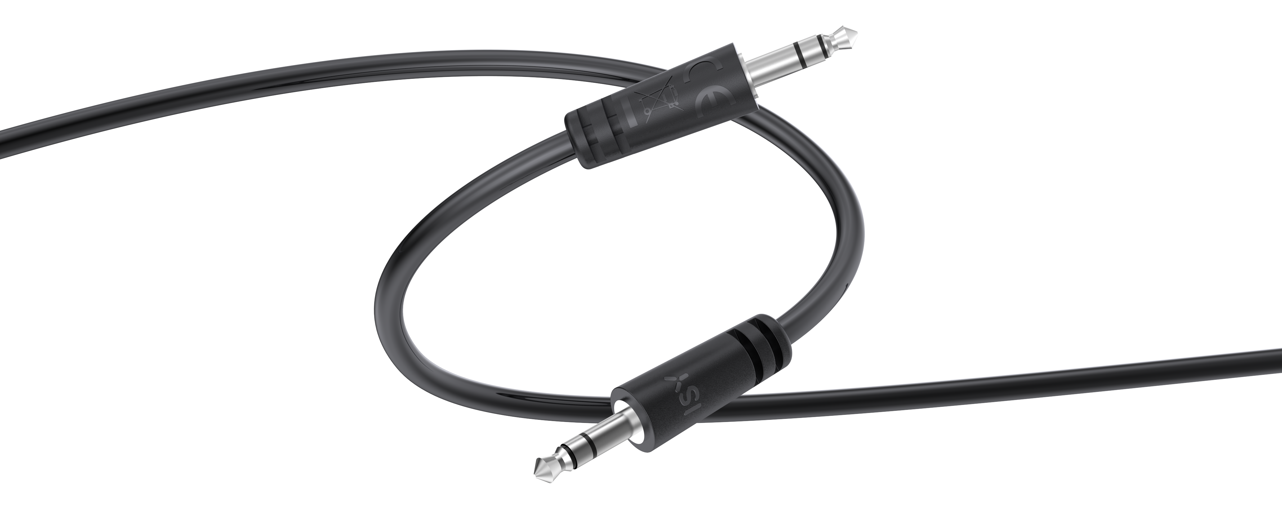 Czarny kabel audio z dwoma wtykami 3,5 mm. Kabel jest zakrzywiony i umieszczony na czarnym tle.