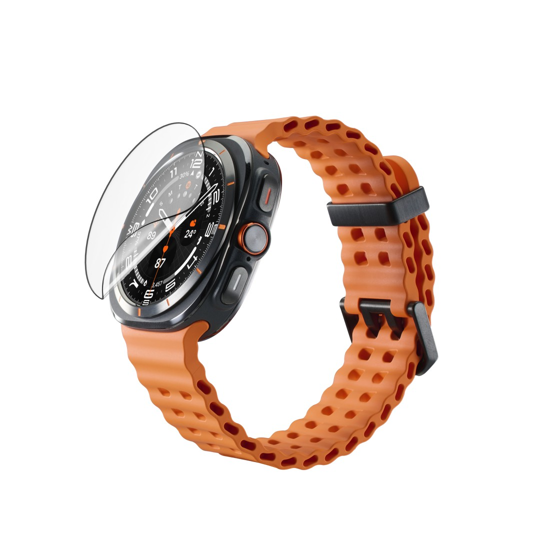 Eine orangefarbene Smartwatch mit Schutzfolie. Die Uhr hat eine schwarze Lünette und ein orangefarbenes Armband mit Löchern. Der Bildschirm zeigt Daten an.