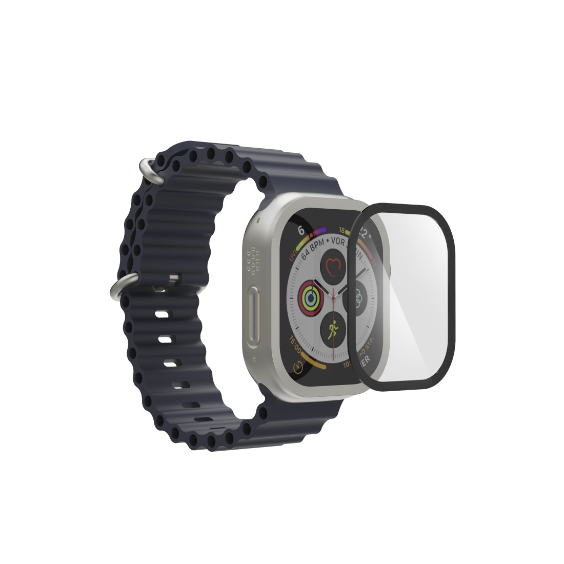 Eine Apple Watch Ultra mit dunkelblauem Armband und Displayschutzfolie. Das Zifferblatt zeigt Gesundheitsmetriken und die Uhrzeit an.