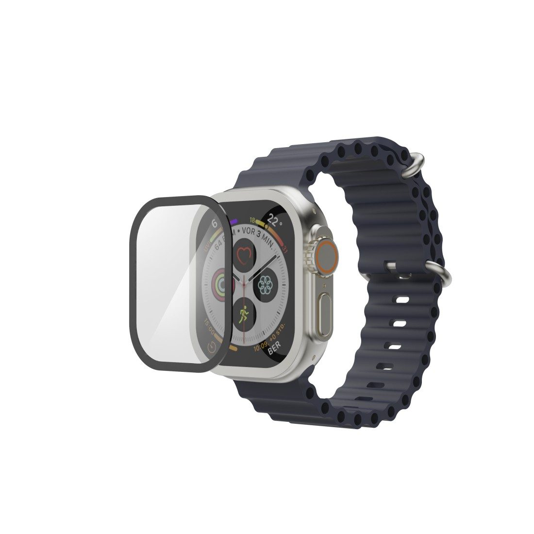 Eine Apple Watch Ultra mit dunkelblauem Armband und Displayschutz. Die Uhr zeigt Zeit- und Gesundheitsdaten an.
