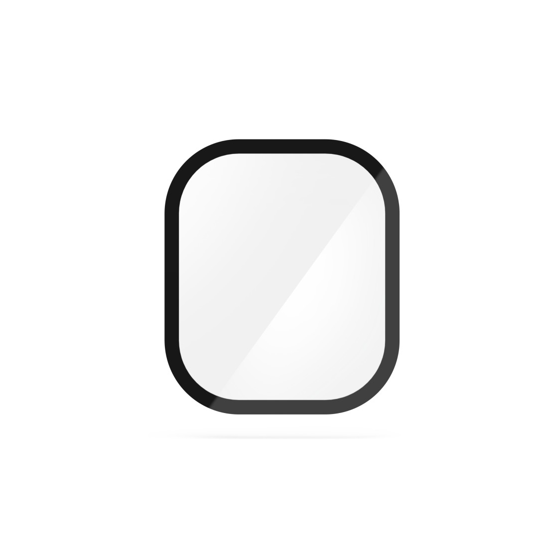 Ein weißes Quadrat mit abgerundeten Ecken, schwarz umrandet, ist auf weißem Hintergrund zentriert. Das Quadrat hat ein glänzendes Aussehen.