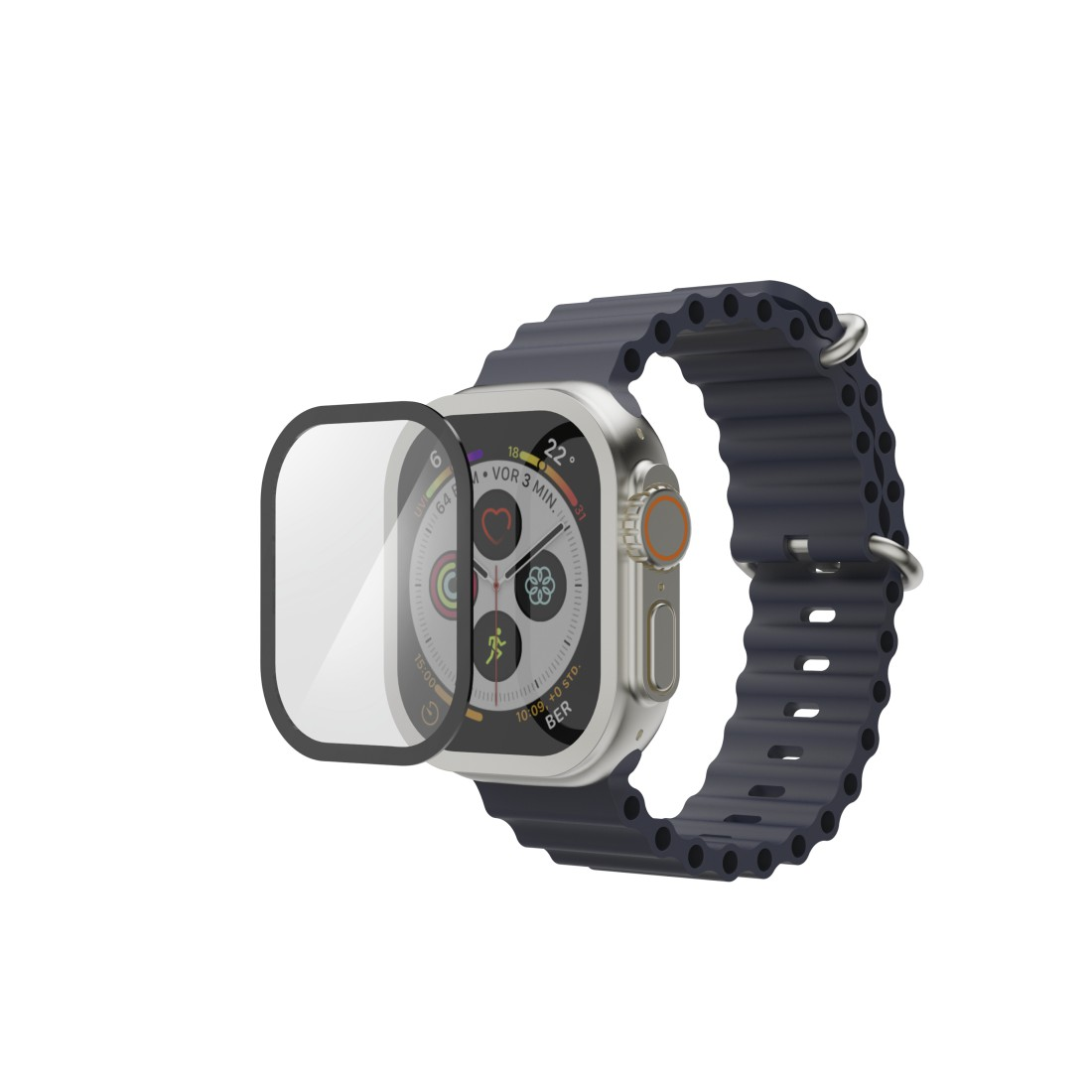 Eine Apple Watch mit dunkelblauem Armband und Displayschutzfolie wird angezeigt. Die Uhr zeigt Uhrzeit, Temperatur und andere Daten an.