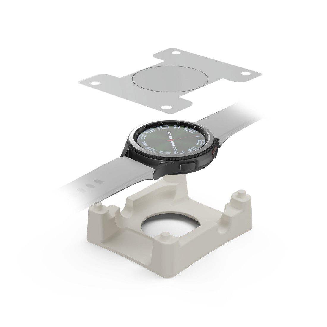 Eine Smartwatch mit grauem Armband steht auf einem beigen Ständer. Über der Uhr befindet sich eine graue Platte.