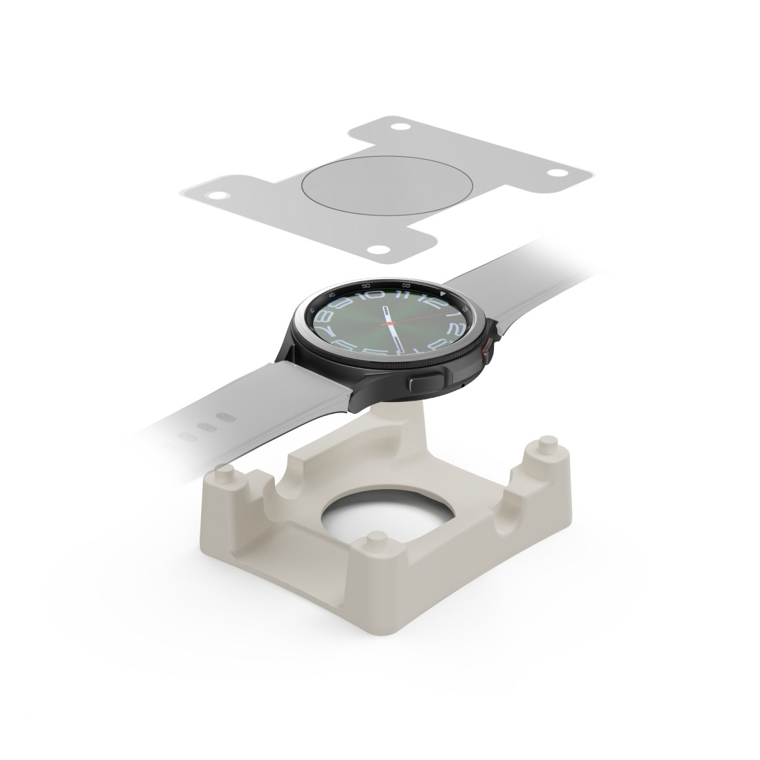 Eine Smartwatch mit weißem Armband, eine Ladestation und eine Metallplatte werden angezeigt. Das Zifferblatt zeigt die Uhrzeit. Der Hintergrund ist weiß.