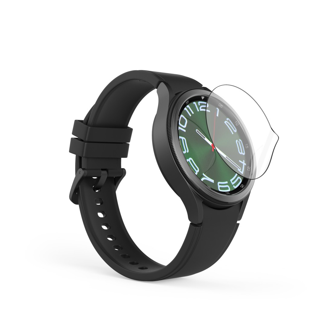 Eine schwarze Smartwatch mit grünem Zifferblatt und Schutzfolie wird gezeigt. Das Armband ist schwarz. Der Hintergrund ist weiß.
