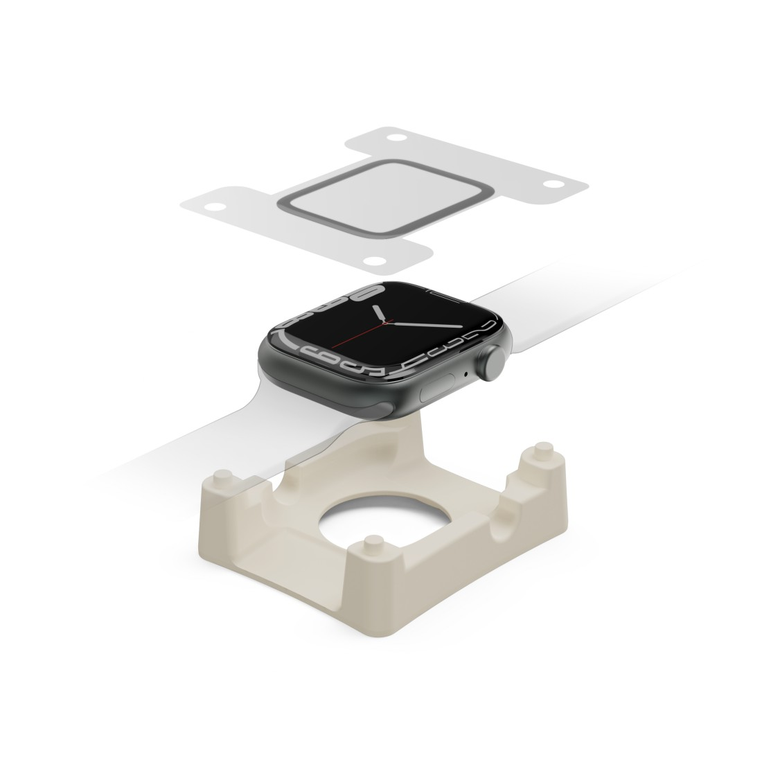 Eine Apple Watch auf einem beigen Ständer. Eine graue Uhr mit schwarzem Bildschirm und weißem Armband. Eine weiße Form darüber. Der Hintergrund ist weiß.
