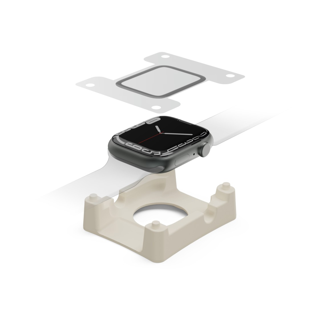 Eine Apple Watch auf einem Ständer. Die Uhr ist schwarz mit weißem Armband, der Ständer ist beige. Oben befindet sich eine Vorlage.