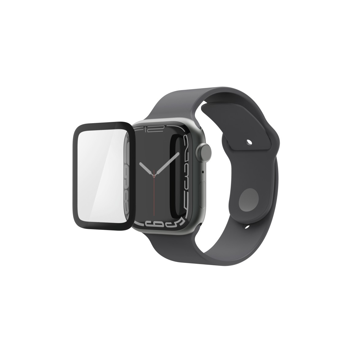 Eine graue Apple Watch mit dunklem Displayschutz. Die Uhr hat ein graues Armband. Der Hintergrund ist weiß.