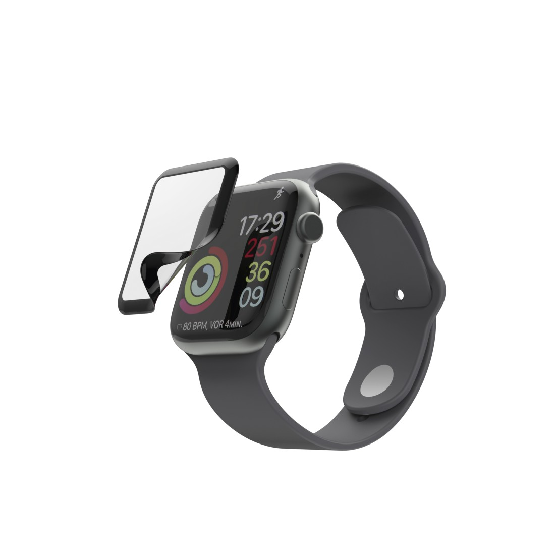 Eine Apple Watch mit grauem Armband und Displayschutzfolie wird vor weißem Hintergrund gezeigt.