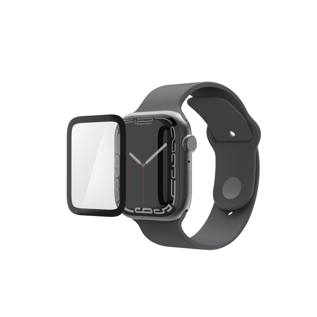 Eine Apple Watch mit Displayschutz. Die Uhr ist grau mit schwarzem Bildschirm und grauem Armband. Der Hintergrund ist weiß.