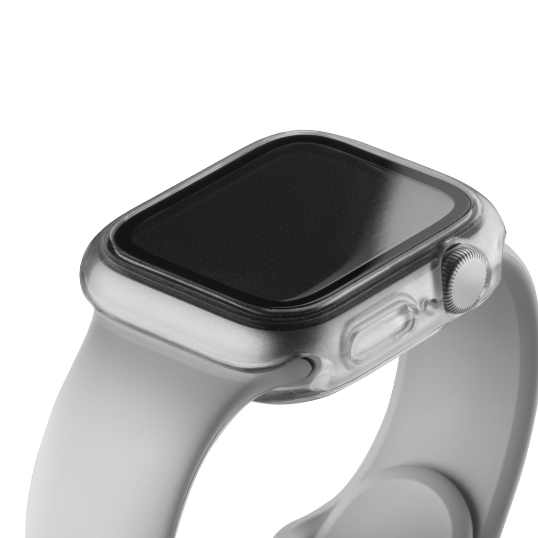 Nahaufnahme einer silbernen Smartwatch mit klarer Schutzhülle und grauem Armband. Der Bildschirm ist schwarz. Weißer Hintergrund.