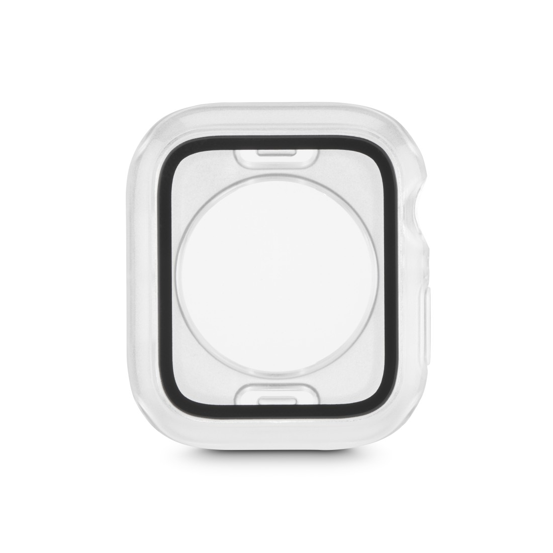 Eine transparente Schutzhülle für eine Smartwatch mit schwarzem Rahmen um den Bildschirm, isoliert auf weißem Hintergrund.