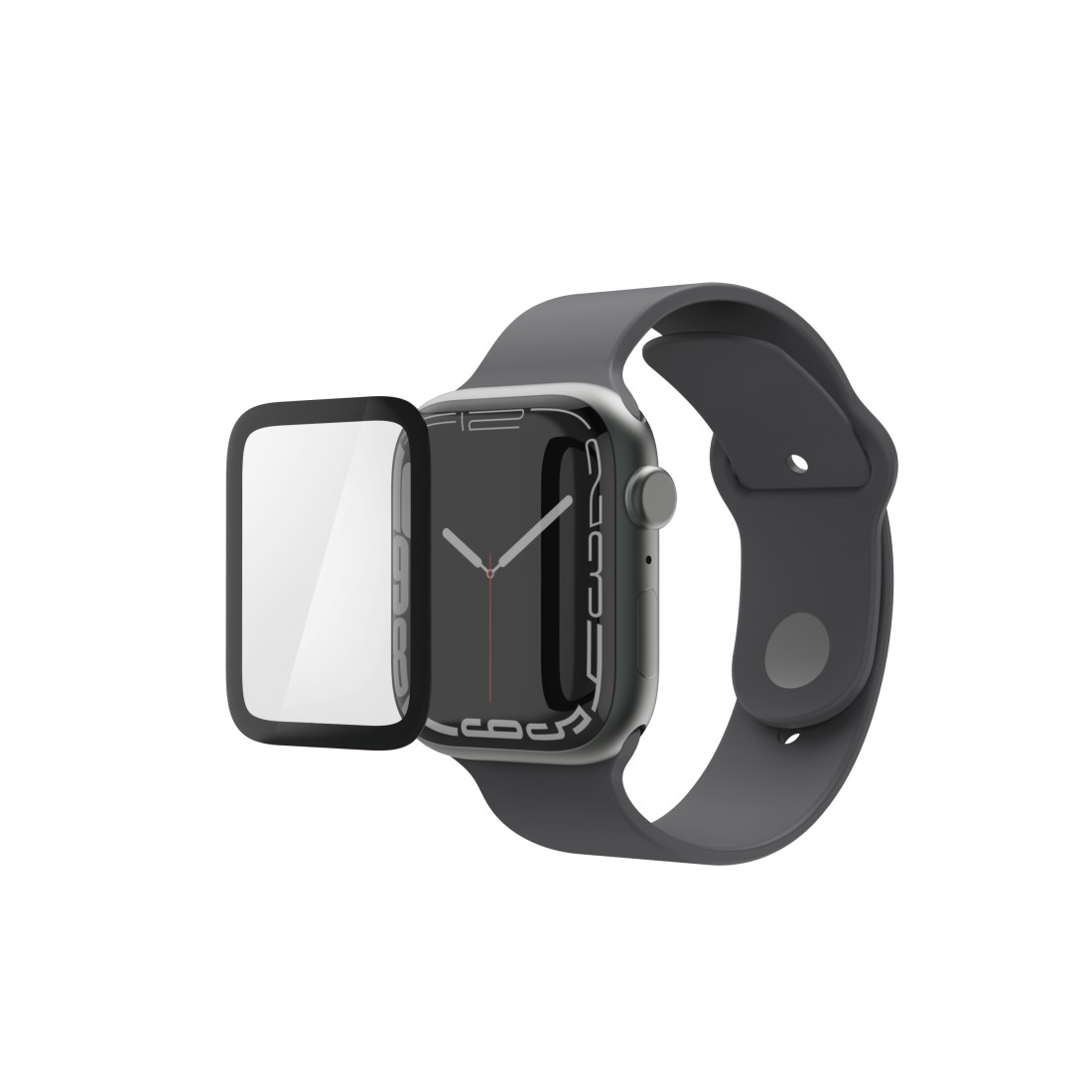 Eine graue Apple Watch mit Displayschutz. Die Uhr zeigt die Uhrzeit an. Das Armband ist verbunden. Der Hintergrund ist weiß.