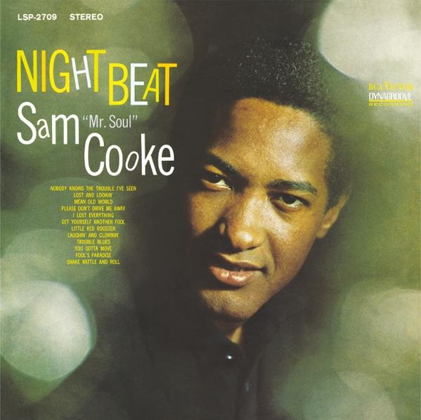 Albumcover von Sam Cookes Night Beat. Cookes Porträt ist zentriert. Der Titel steht oben. Songtitel sind unten aufgeführt.