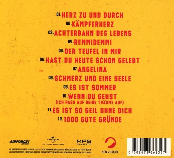 Albumcover mit gelbem Hintergrund und roten Songtiteln. Enthält Künstlername und Barcode.