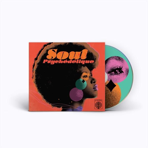 Albumcover 'Soul Psychédélique' mit Profil einer Frau, Afro, orangefarbener Hintergrund. CD zeigt Augendesign.