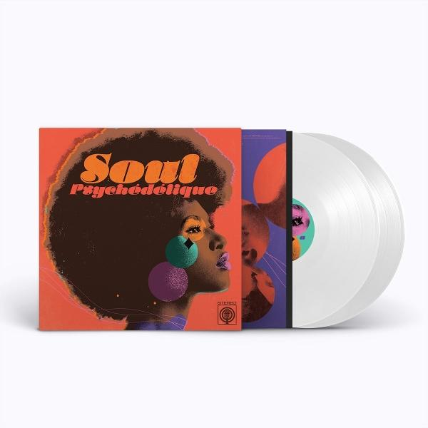 Albumcover: Afro-Frau mit farbenfrohem Make-up, Titel 'Soul Psychédélique'. Daneben zwei weiße Schallplatten.