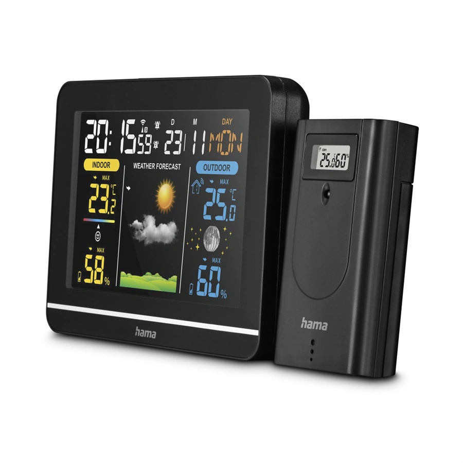 Czarna stacja pogodowa wyświetla czas, temperaturę wewnątrz/na zewnątrz i wilgotność. Po prawej stronie znajduje się osobny czujnik.