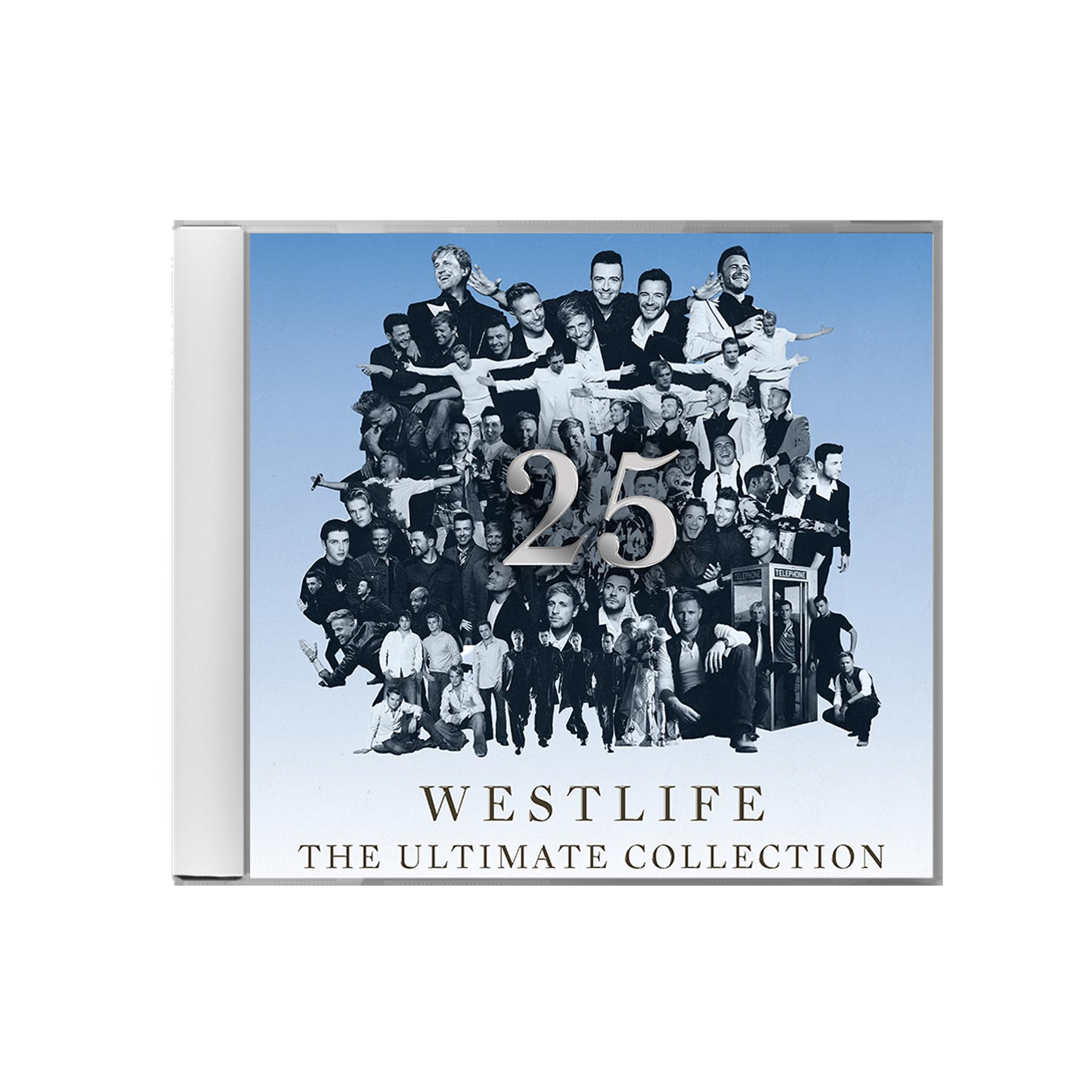 CD-Cover. Eine Collage von Westlife-Mitgliedern mit einer großen '25'. Der Albumtitel lautet 'Westlife The Ultimate Collection'.